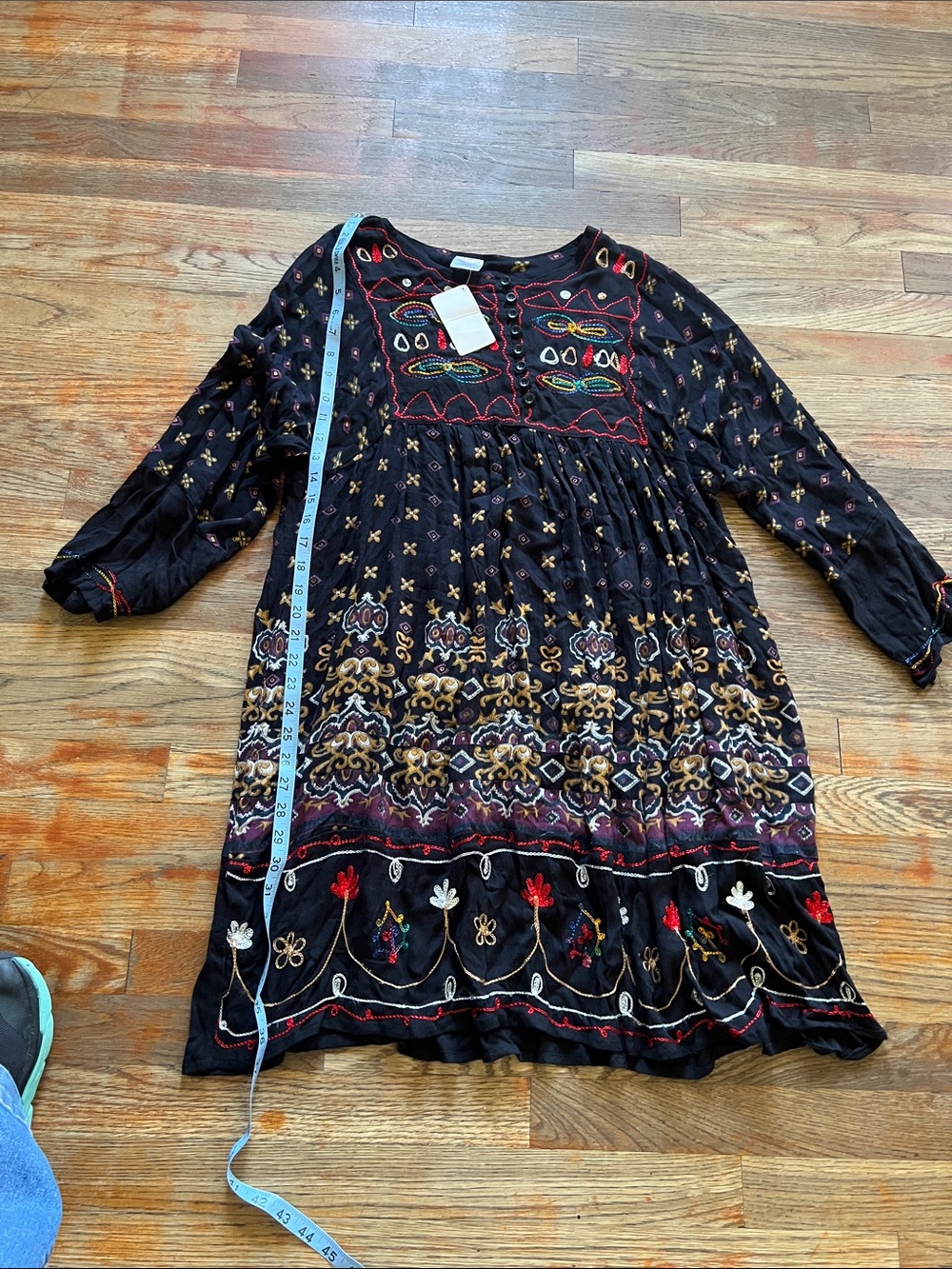 Boho Embroidered Black Floral Tunic Blouse